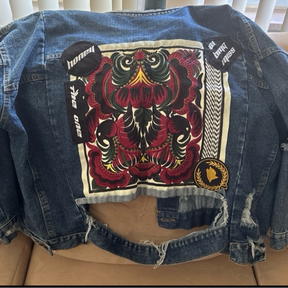 SHEIN Blue Jean Jacket with Red and Black Embroidery